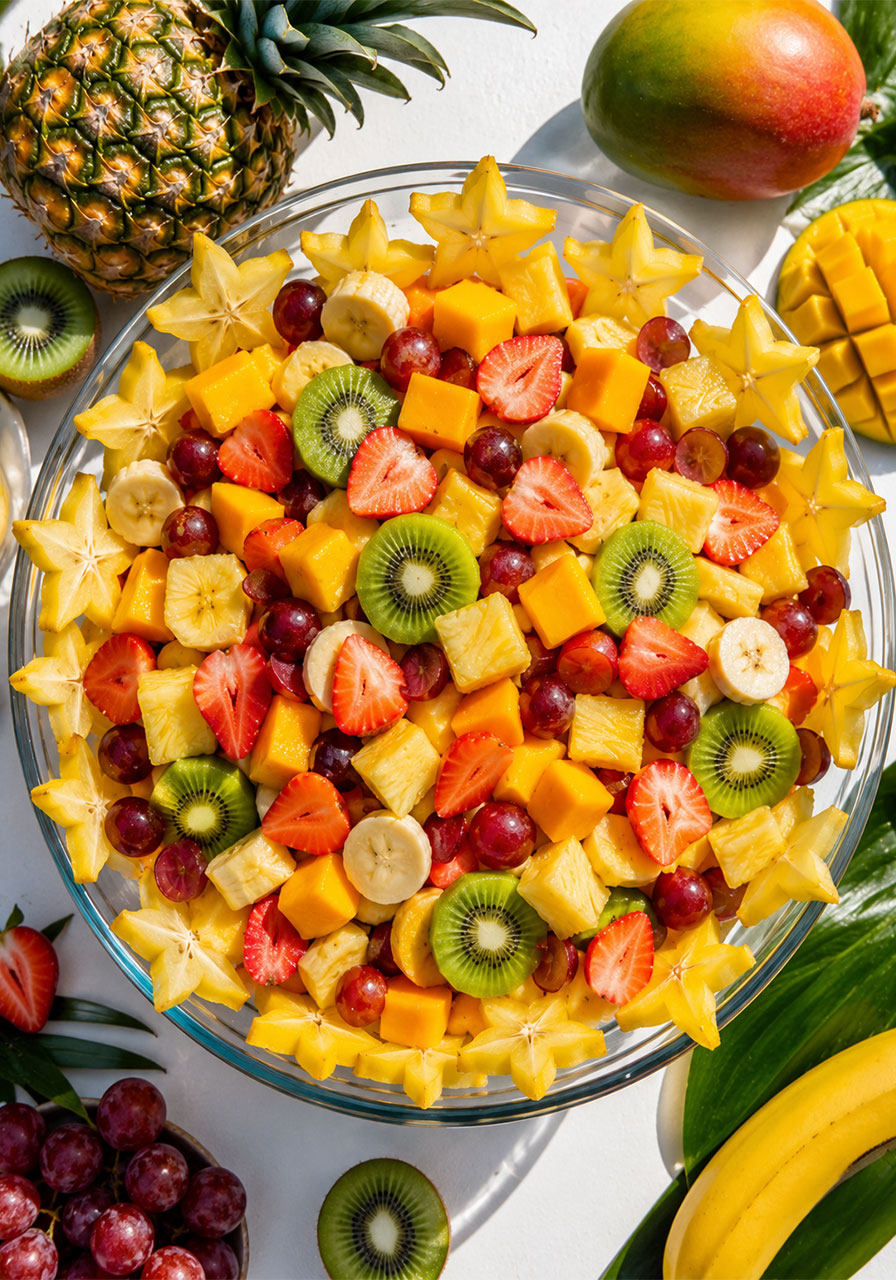 Giant tropical fruit salad with pineapple, mango, kiwi and star fruit in a glass bowl – easy pool party dessert