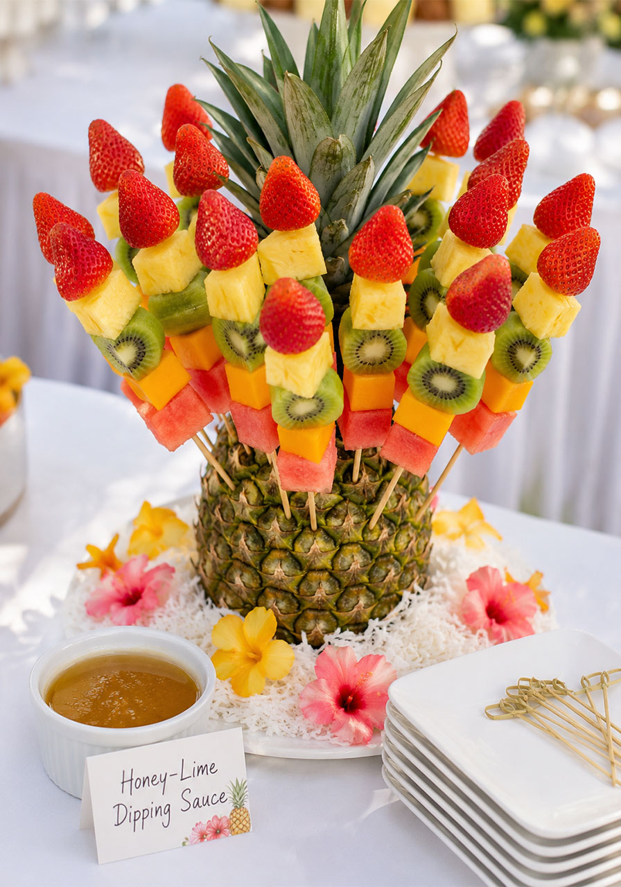 Tropical fruit skewers arranged in a pineapple centerpiece with honey lime dip for a summer graduation pool party food station