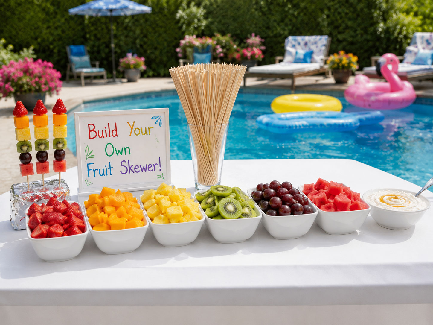 Self-serve tropical fruit skewer station with bowls of colorful fresh fruit, bamboo skewers, and yogurt dipping sauce for a pool party