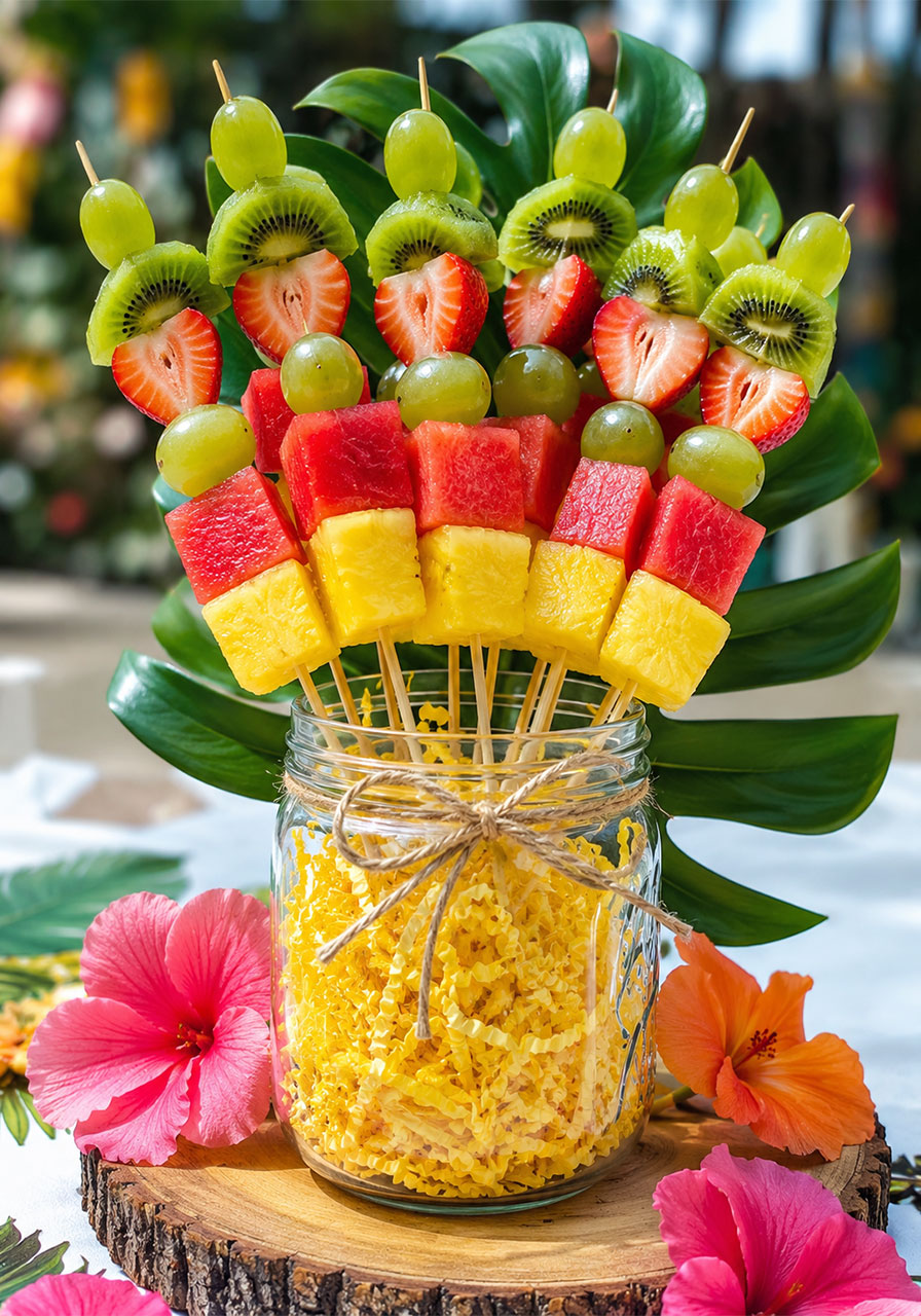 Colorful tropical fruit skewers in mason jar as fresh healthy birthday party snack bar idea
