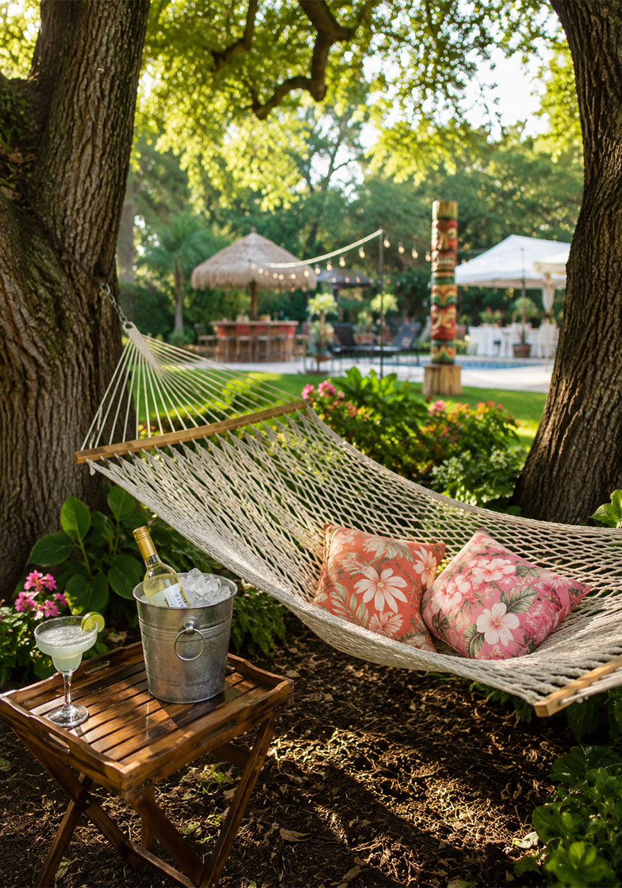 Tropical hammock lounge nook with hibiscus print pillows and a margarita for a Key West backyard party