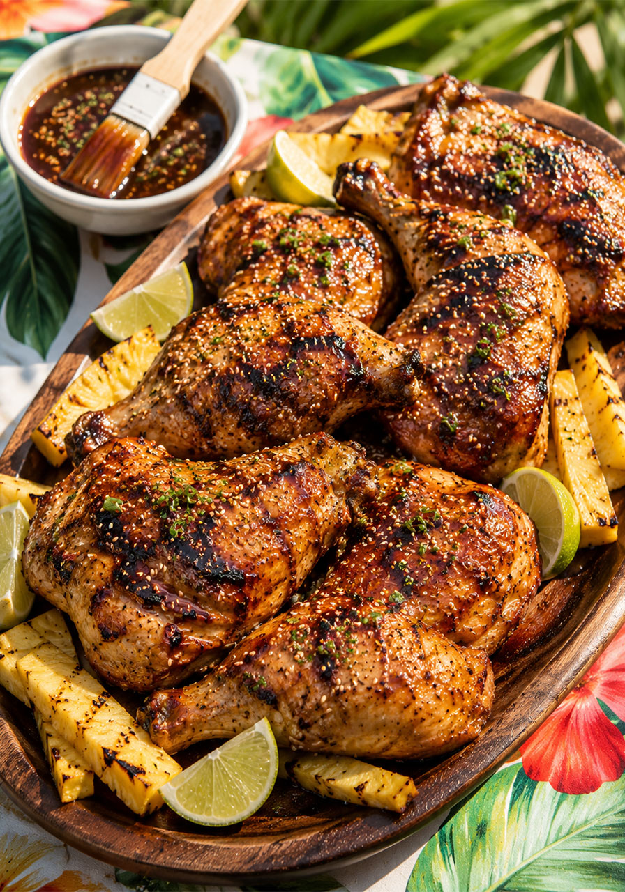 Soy-sesame glazed tropical island grilled chicken quarters on a wooden platter – flavorful pool party main dish