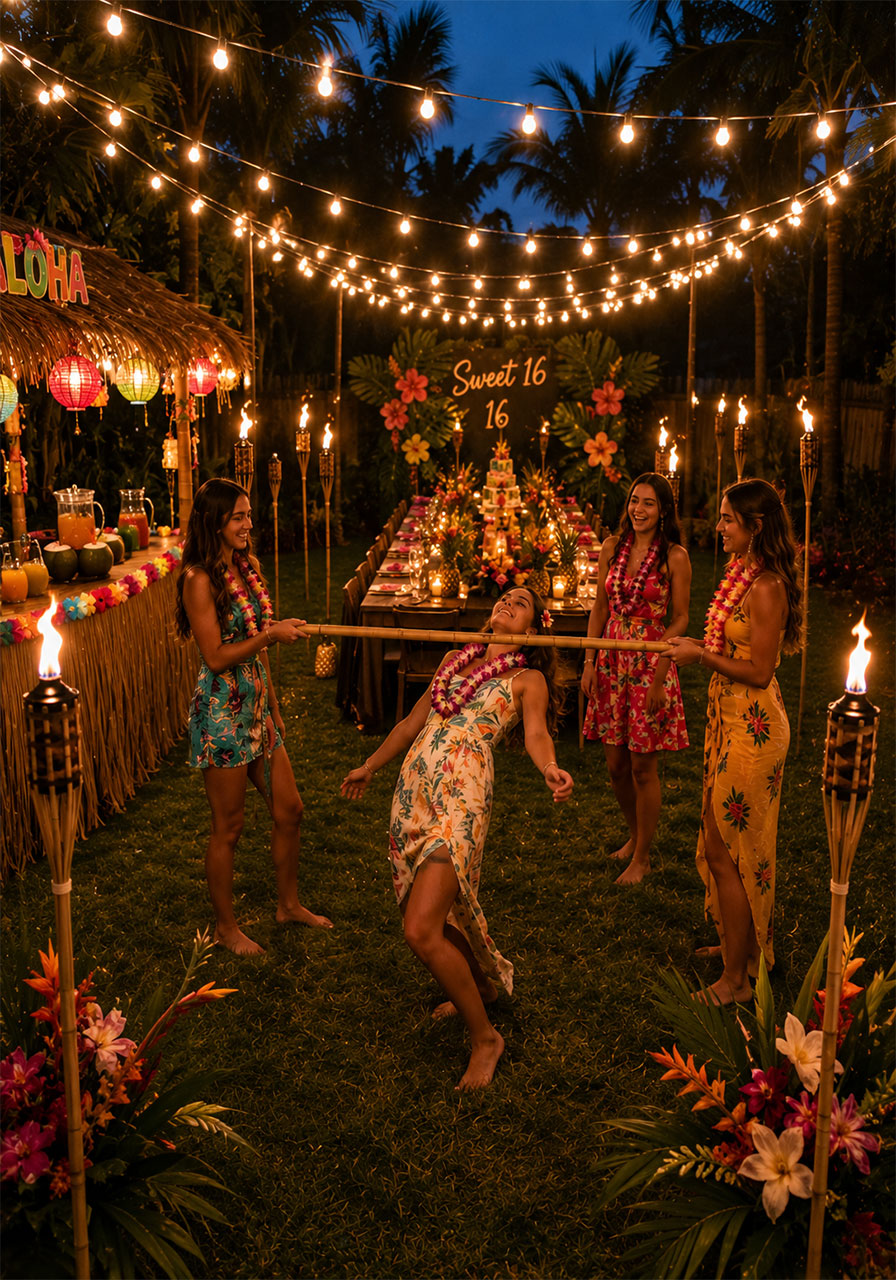 Tropical luau Sweet 16 birthday party with tiki torches leis and limbo dance in decorated backyard