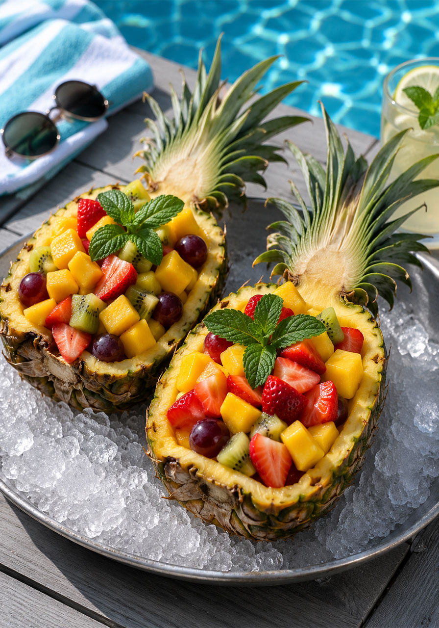 Hollowed pineapple boats filled with tropical fruit salad and mint garnish