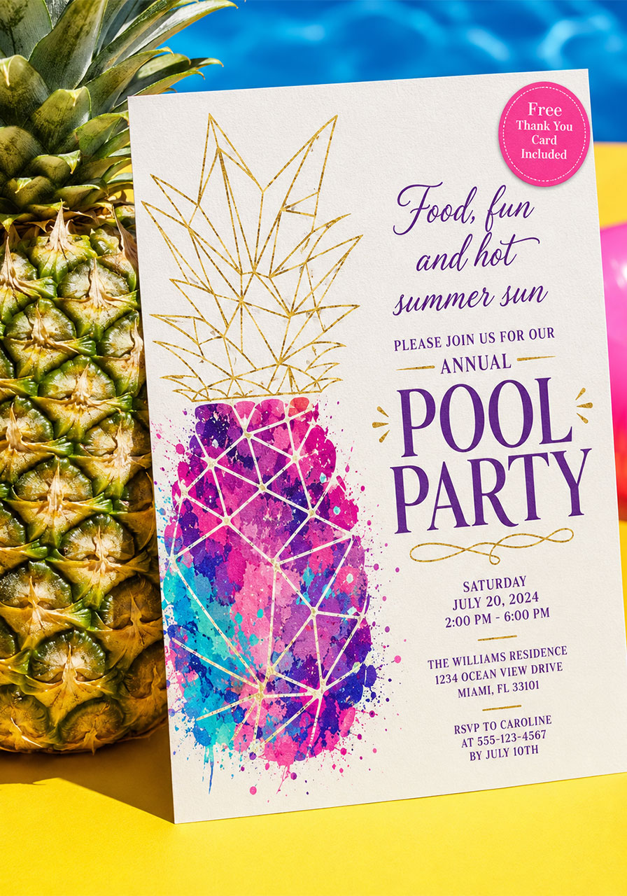 Colorful tropical pineapple pool party invitation with watercolor design for summer gathering