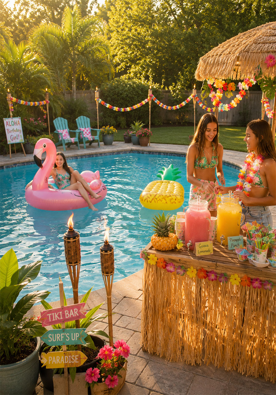 Tropical birthday pool party with inflatable flamingo tiki bar and teen girls in backyard