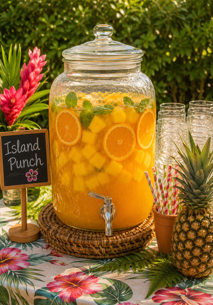 Tropical punch station with a glass beverage dispenser and fruit ice for an all-ages Key West party drinks setup