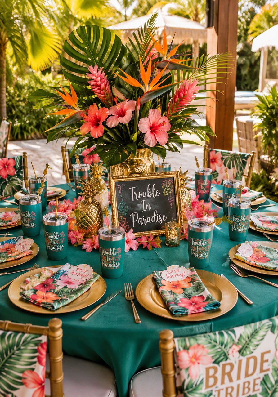 Trouble in Paradise tropical bachelorette party decorations with bird of paradise flowers and pineapple accents