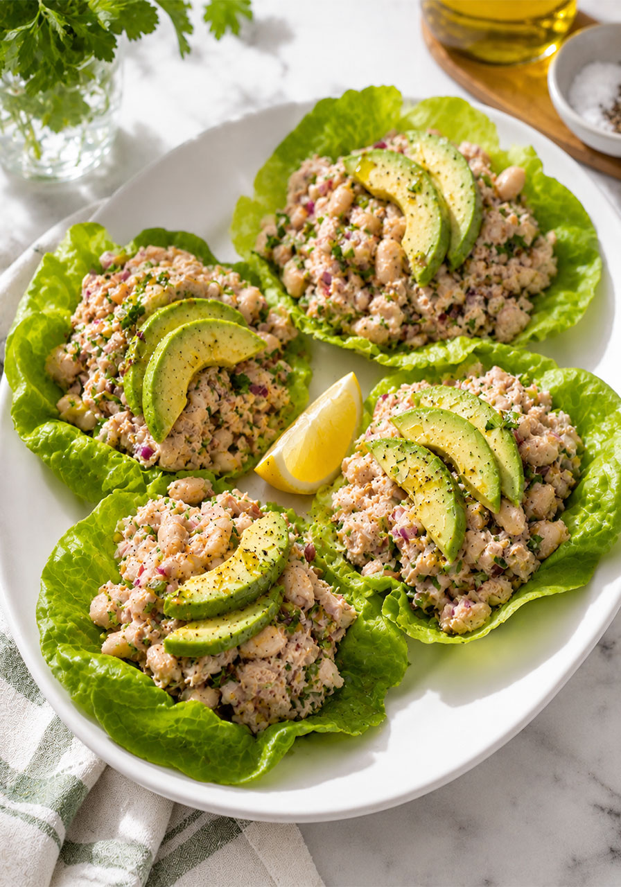 Tuna and white bean lettuce wraps with avocado, a light and healthy no-cook summer dinner