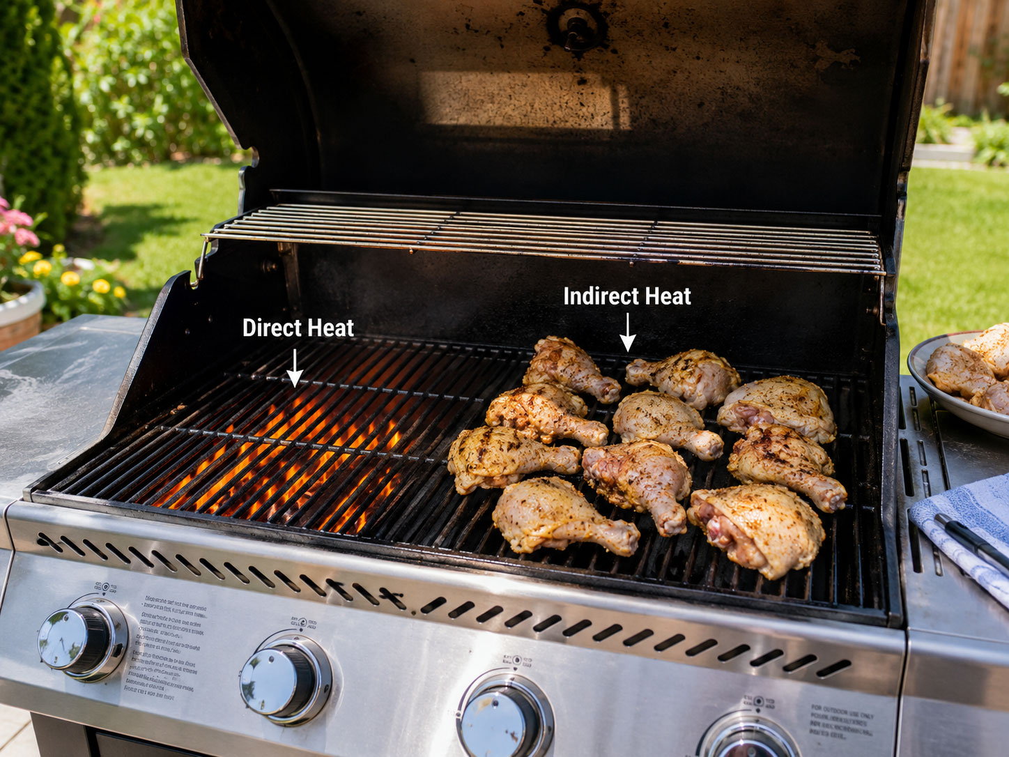 Two-zone grill setup showing direct heat side empty and indirect heat side loaded with seasoned bone-in chicken pieces