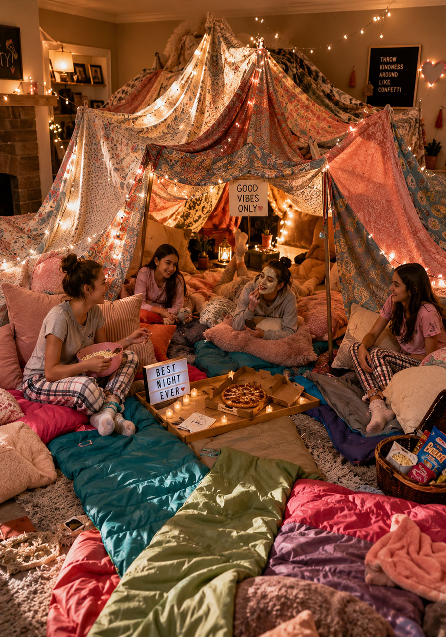 Ultimate classic teen slumber party with cozy blanket fort fairy lights and girls in pajamas