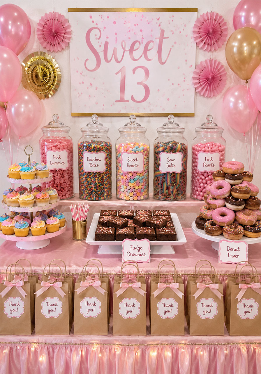 Ultimate sweets bash dessert table with candy jars and cupcake stand for 13th birthday slumber party