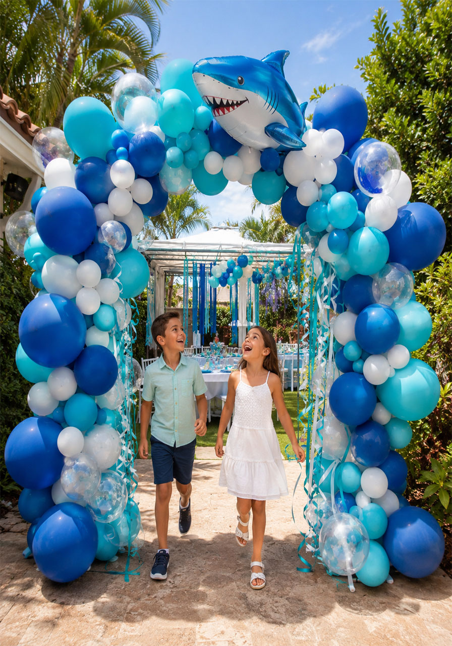Blue teal and shark balloon arch tunnel entrance for an under the sea birthday party
