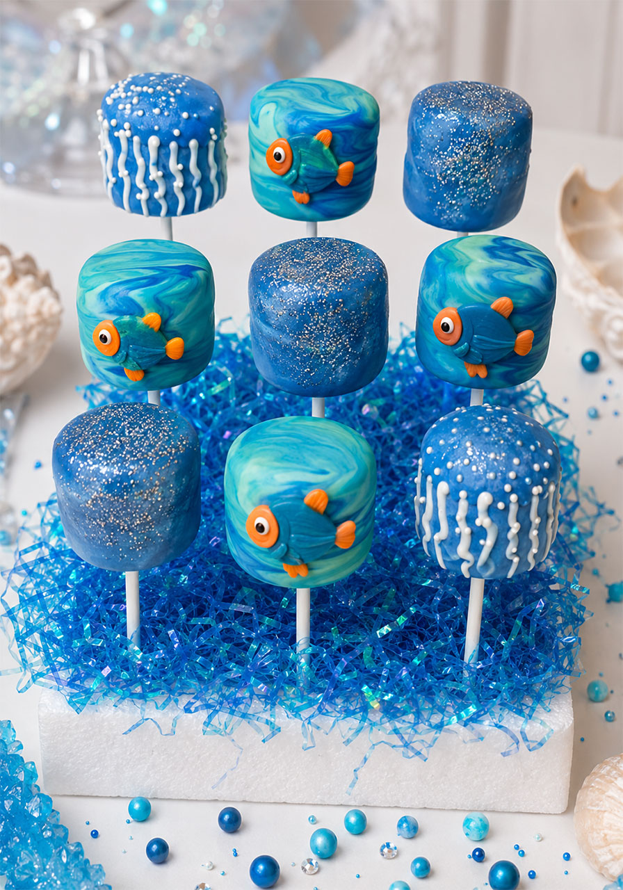Teal and blue candy-dipped marshmallow pops decorated as ocean creatures for an under the sea birthday party