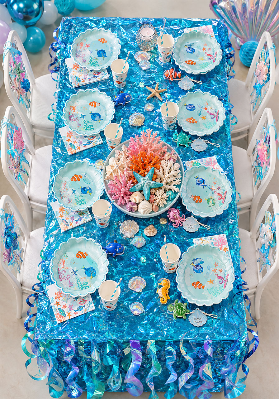 Complete under the sea birthday party table with ocean-themed tableware and coral centerpiece