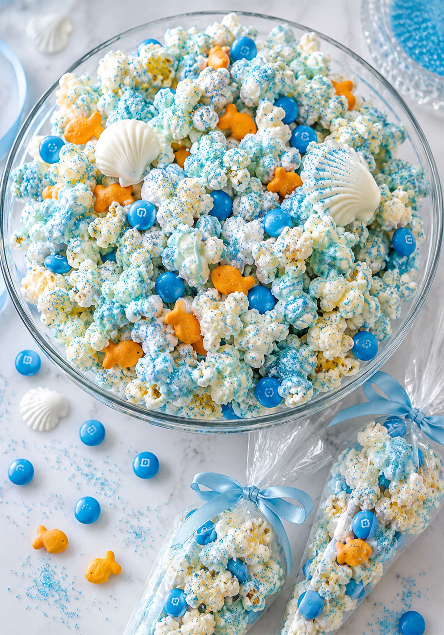 Blue candy melt ocean popcorn munch with goldfish crackers and edible glitter for an under the sea party