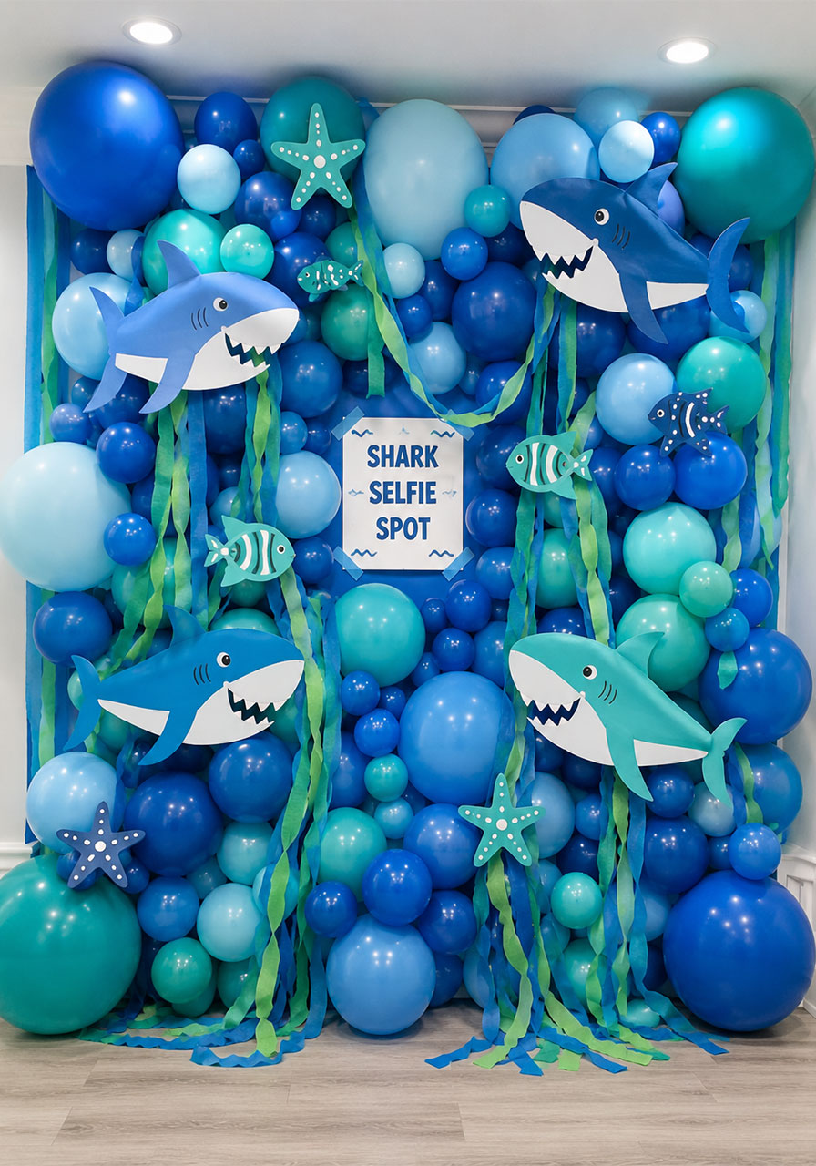 DIY underwater ocean balloon wall backdrop for shark themed kids party with teal balloons, seaweed streamers, and shark cutouts