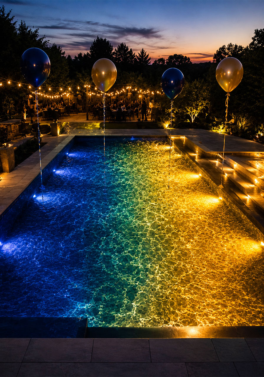 Swimming pool glowing in school colors from underwater LED lights at dusk for a graduation pool party decoration