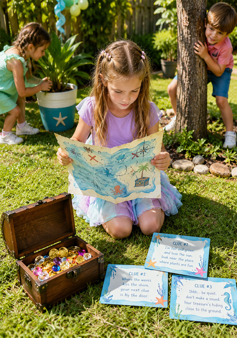 Kids following a treasure map on an underwater treasure hunt at an under the sea birthday party