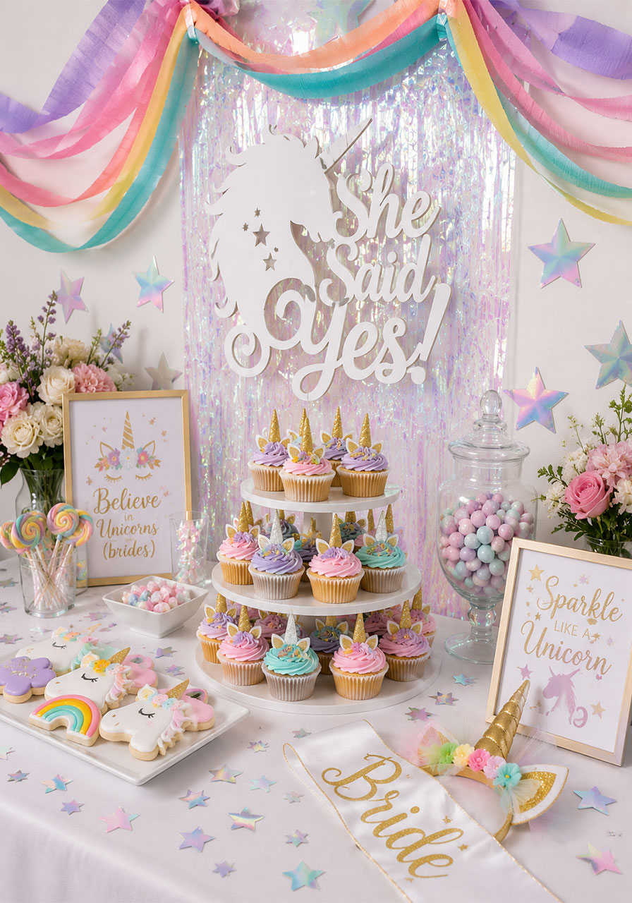 DIY unicorn bridal shower dessert table decorations made with Cricut — rainbow pastel and gold theme party decor ideas
