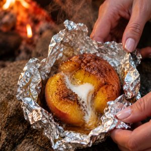 Unwrapping a hot campfire peachie from foil to reveal melted marshmallow and caramelized peach inside