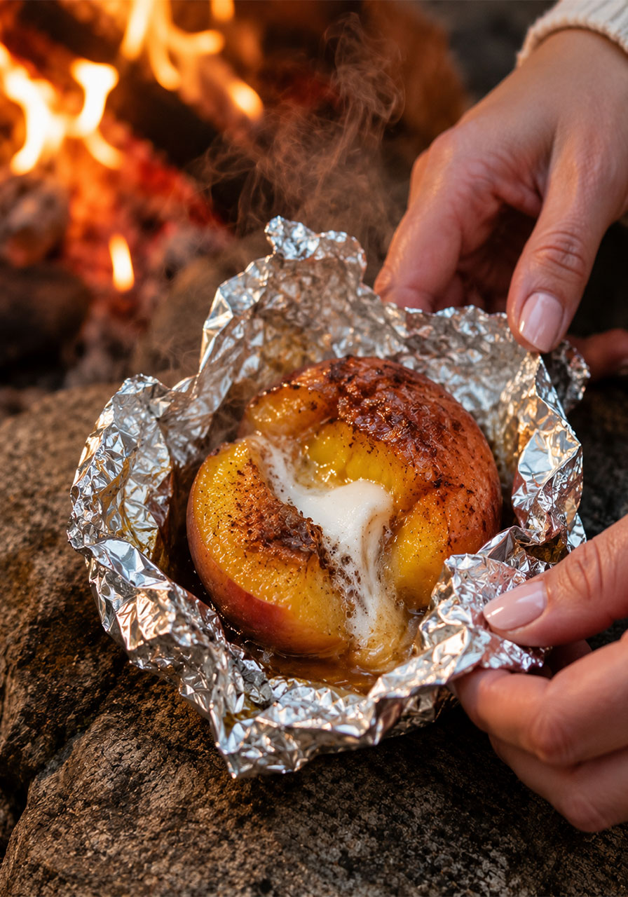 Unwrapping a hot campfire peachie from foil to reveal melted marshmallow and caramelized peach inside
