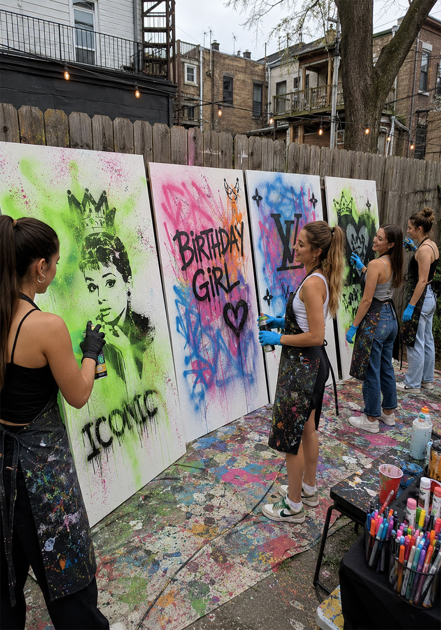Teen girls spray painting large canvases at urban art birthday party in backyard with stencil designs