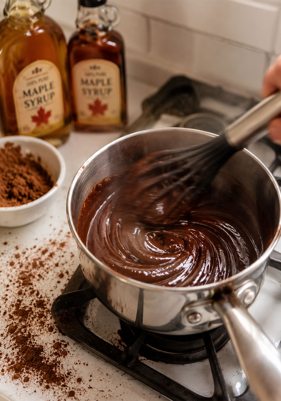 Homemade vegan chocolate sauce being stirred in a saucepan as a waffle bar brunch topping
