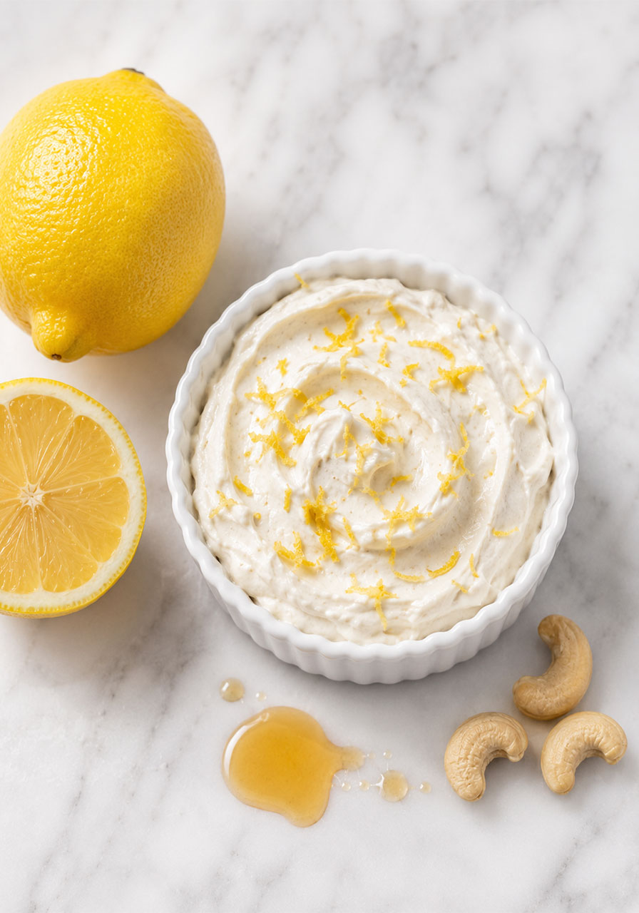 Sweet vegan cashew cream cheese with lemon zest as a waffle bar topping for a brunch party