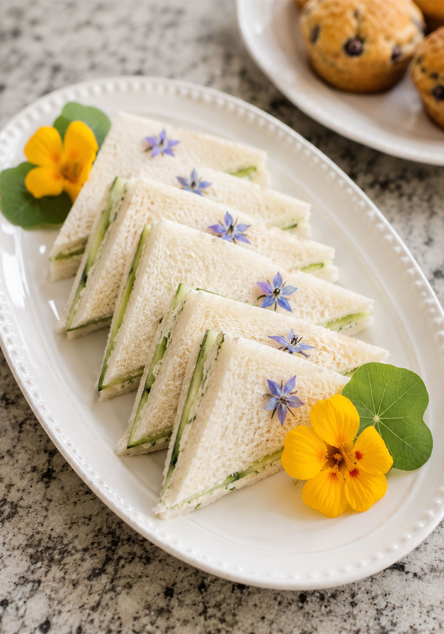 Vegan cucumber tea sandwiches garnished with edible borage and nasturtium flowers