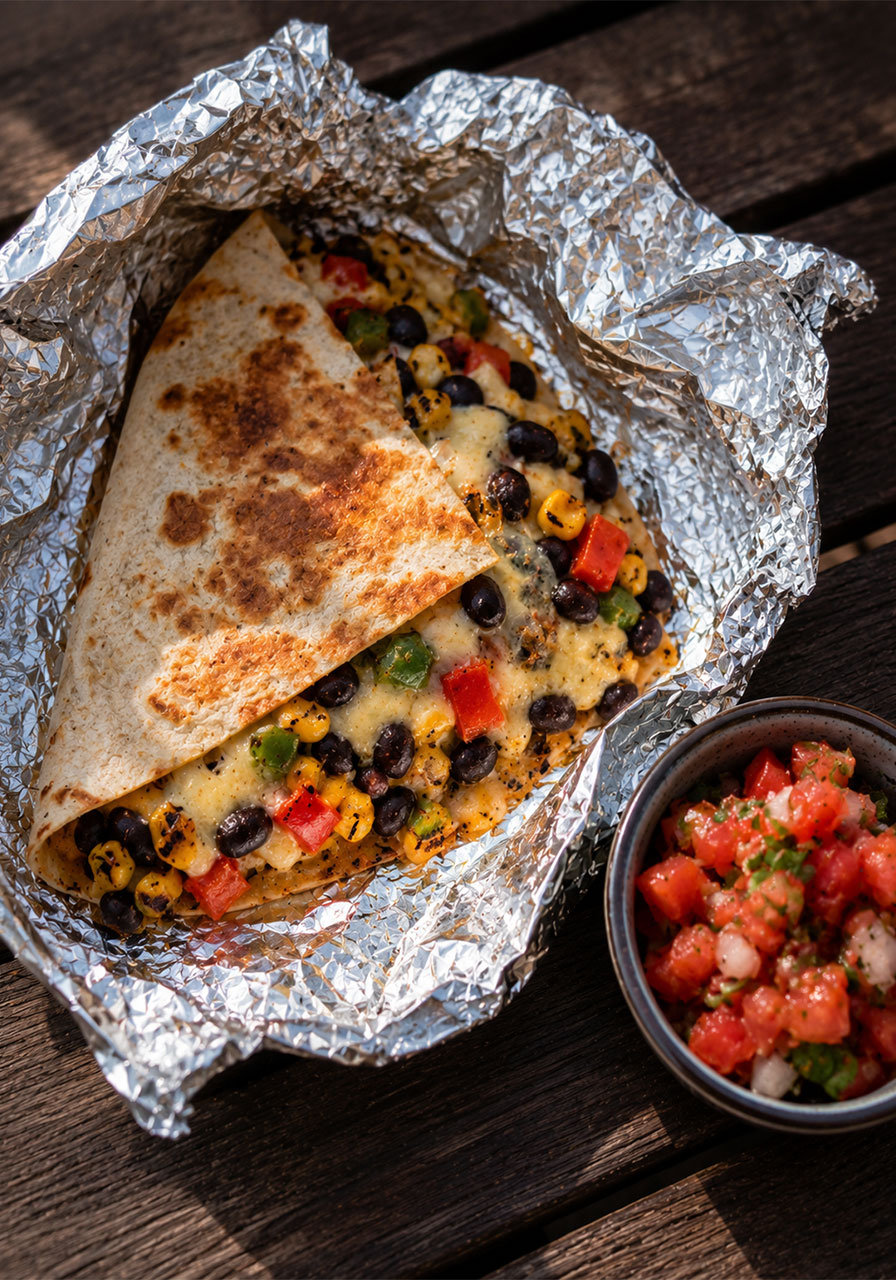 Veggie foil packet quesadilla with black beans peppers and corn