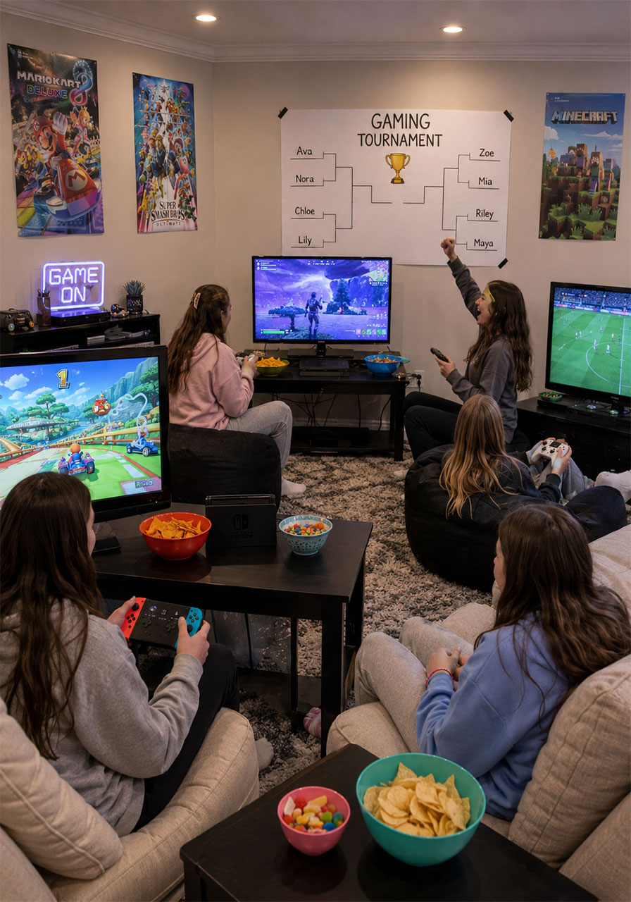 Teen girls playing video game tournament at 13th birthday party with multiple gaming consoles and bracket chart