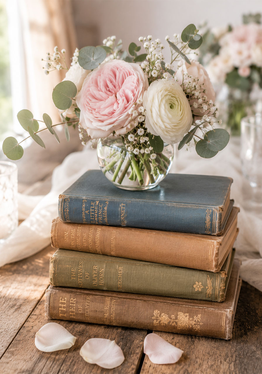 Stack of vintage hardcover books topped with a small posy of blush roses and ranunculus as a romantic bridal shower table centerpiece