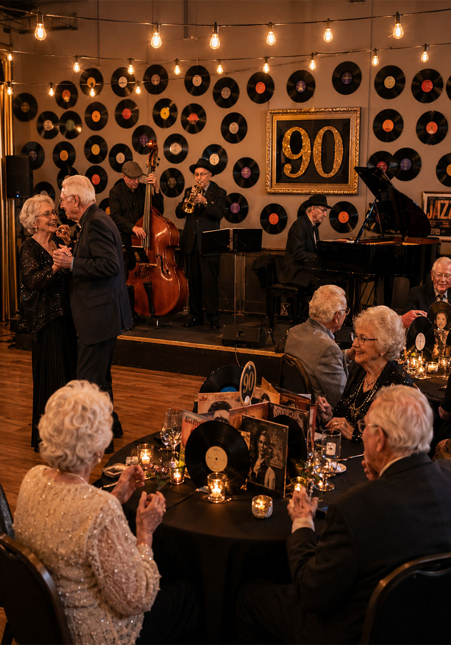 Vintage music-themed 90th birthday party with live jazz trio, vinyl record wall decor, and dancing guests