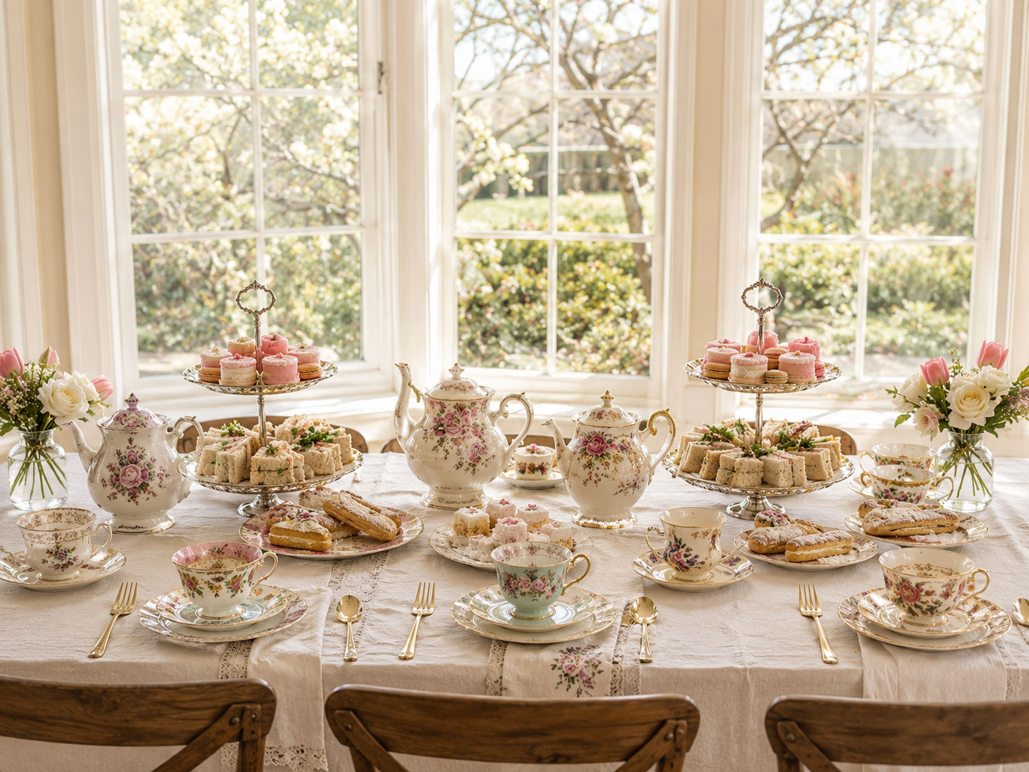 Vintage bridal shower tea party table with mismatched china teapots, tiered pastry stands, and finger sandwiches in a bright sunlit room