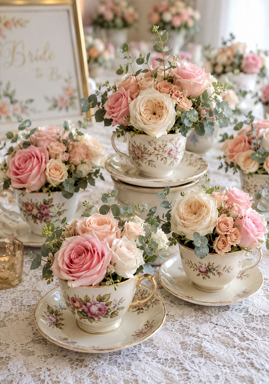 Mismatched vintage teacups filled with pastel blush roses and eucalyptus arranged as a romantic bridal shower table centerpiece on white lace