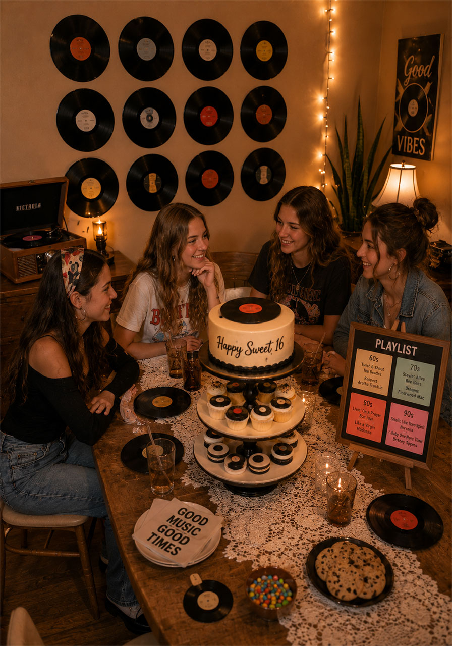 Vintage vinyl record Sweet 16 birthday party with records on wall retro player and music-themed cake