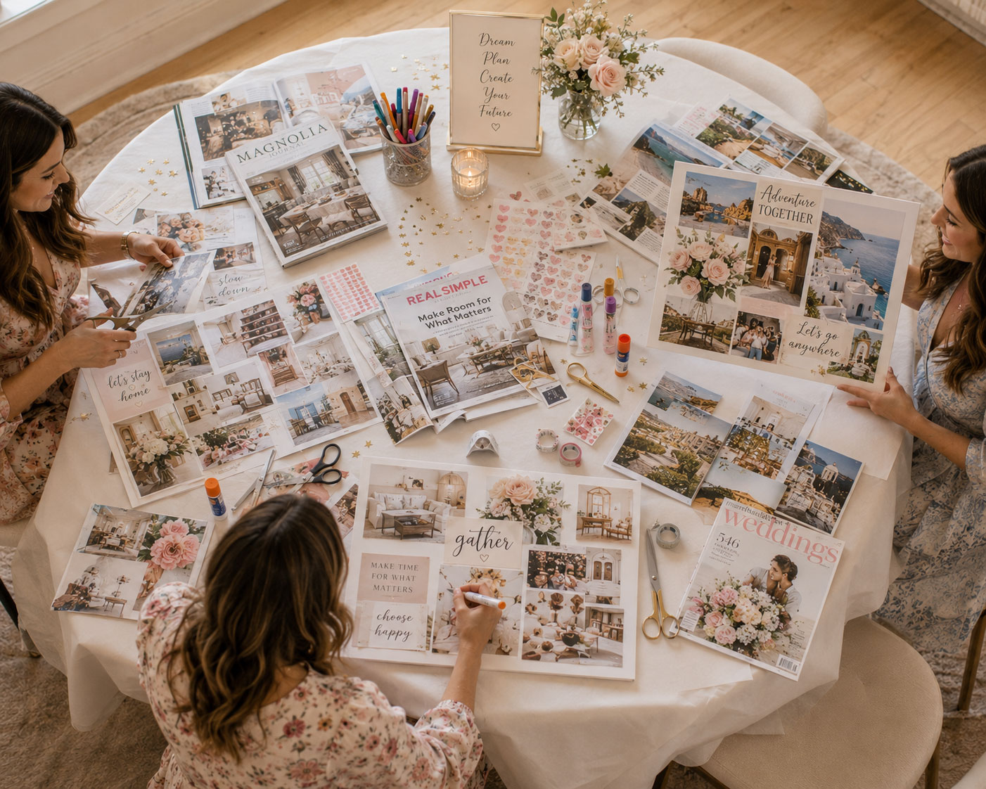 Bridal shower vision board workshop with three women cutting magazine photos and gluing images onto poster boards surrounded by magazines scissors and gold star stickers