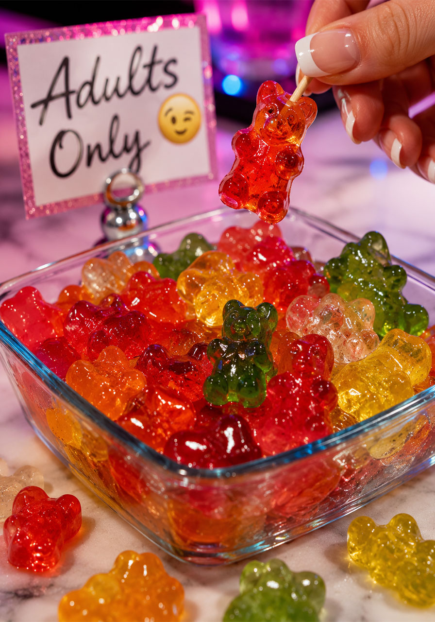 Plump vodka-soaked gummy bears in a clear Pyrex dish with one being lifted by a cocktail toothpick, colorful and glossy, at an adults-only bachelorette party