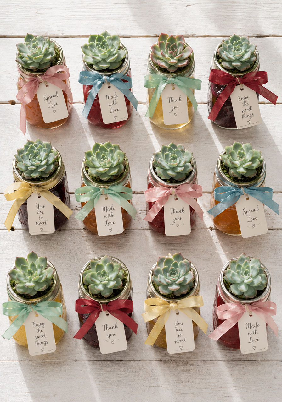 Cute brunch party favors with jam jars and succulent plants for a waffle bar brunch party theme