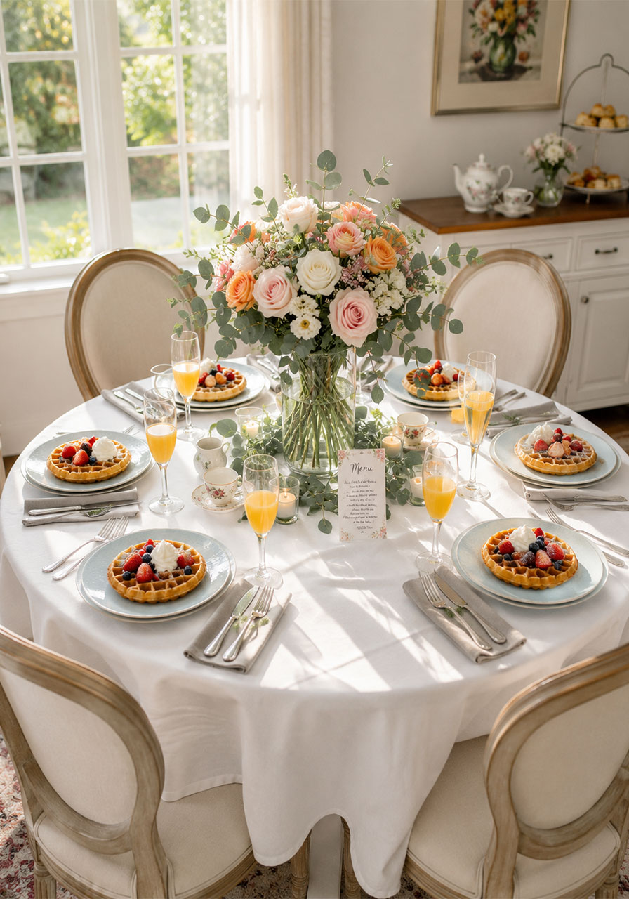 Beautifully themed waffle bar brunch party table with flowers, waffles, and elegant place settings