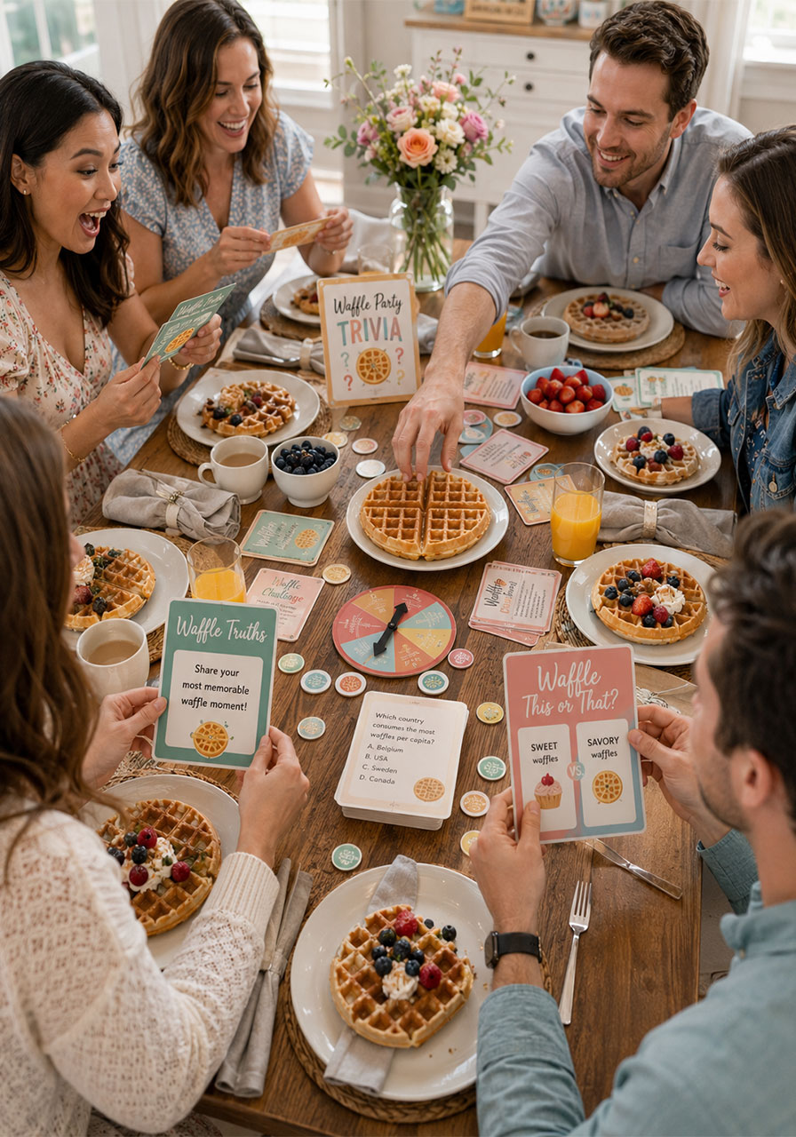 Group of friends playing waffle-themed games at a brunch party waffle bar with game cards on the table