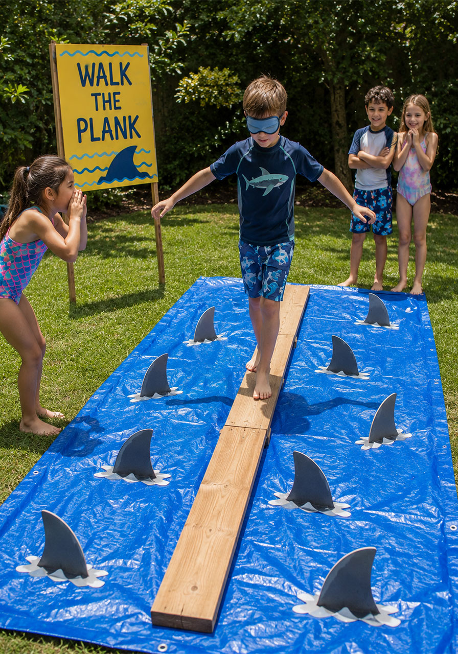 Kids playing Walk the Plank shark game with blindfolded child crossing wooden plank over blue tarp with shark fin cutouts at outdoor party