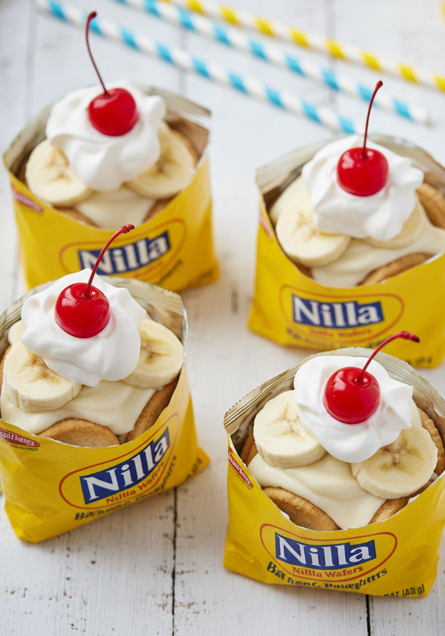 Walking banana pudding bags with Nilla wafers, pudding, and whipped cream — easy no-mess pool party dessert for kids