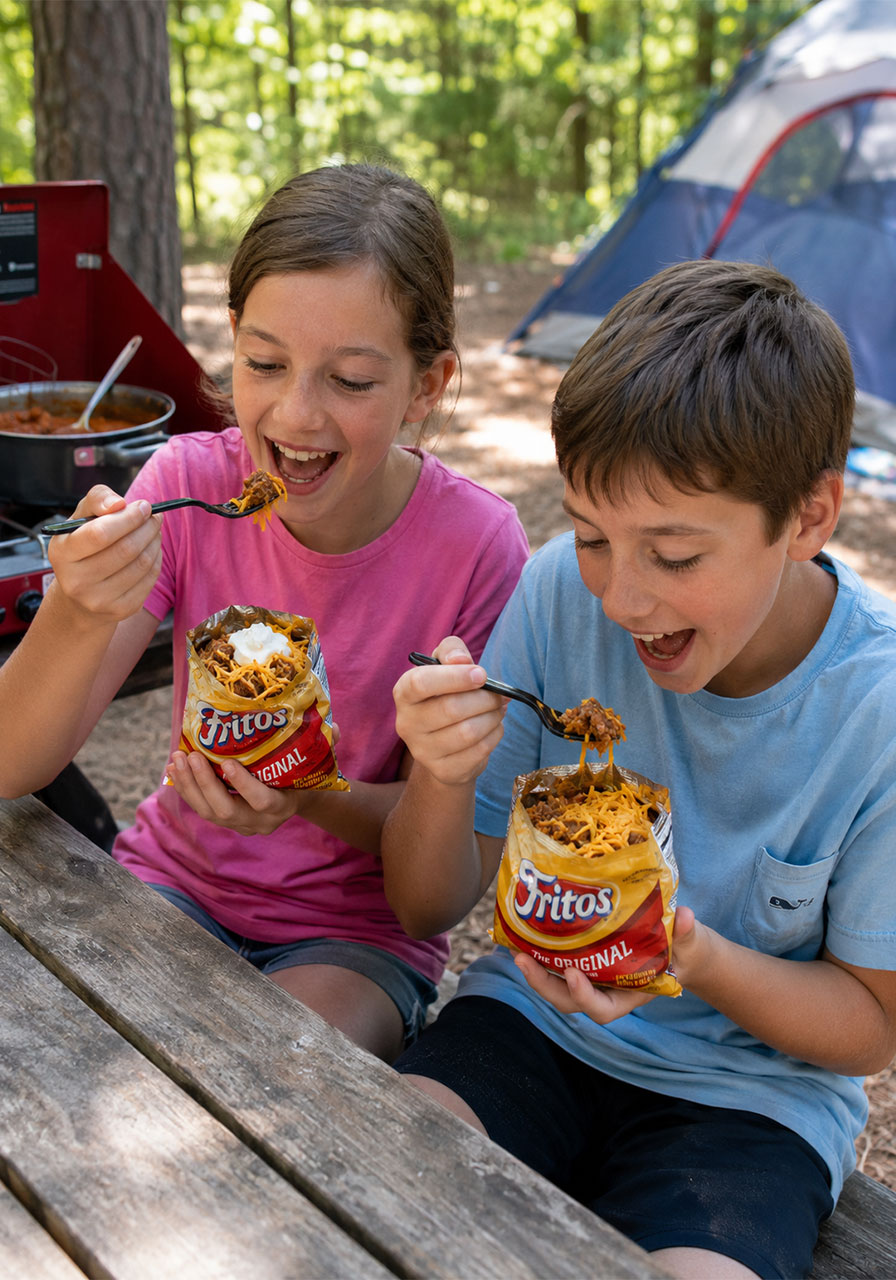 Kids eating walking tacos from individual corn chip bags at a summer campsite picnic table