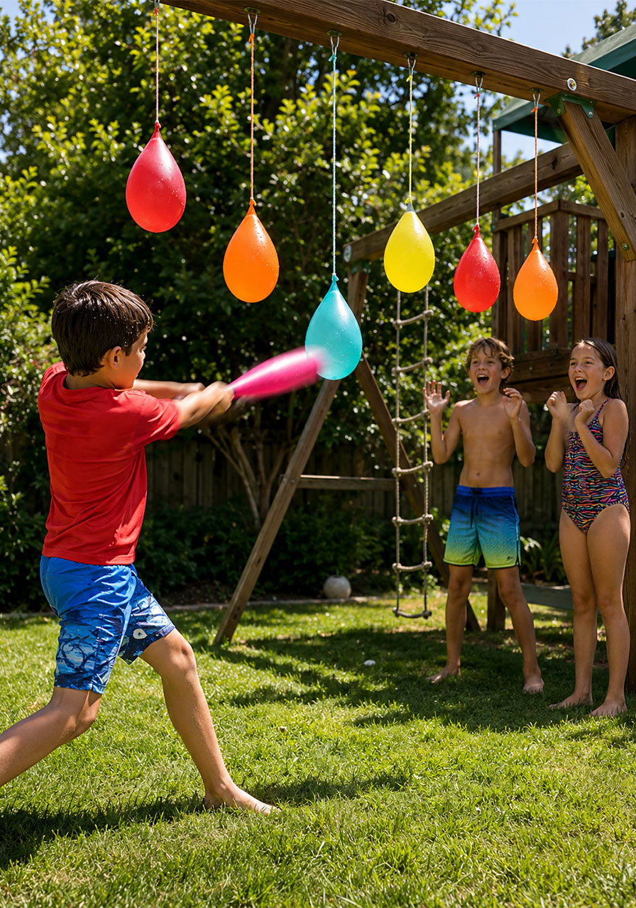 Kids playing water balloon piñata game at a pool party, boy mid-swing with a bat at colorful hanging water balloons