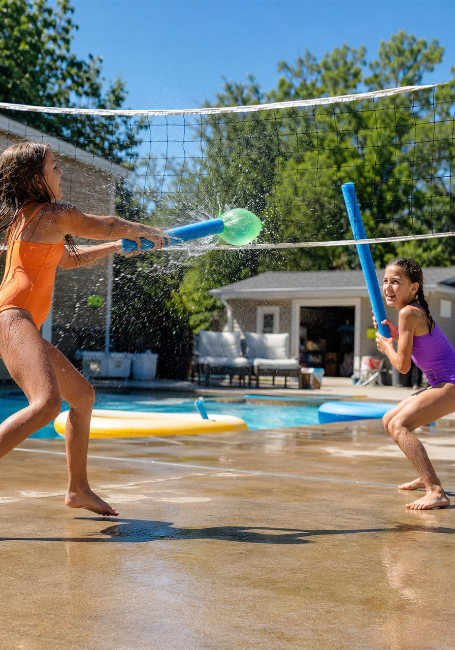 Two kids playing water balloon tennis with pool noodle rackets at a summer pool party