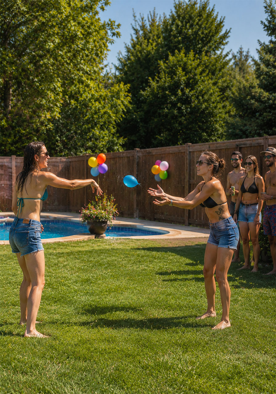 Two women tossing water balloon back and forth in water balloon toss pool party game in sunny backyard
