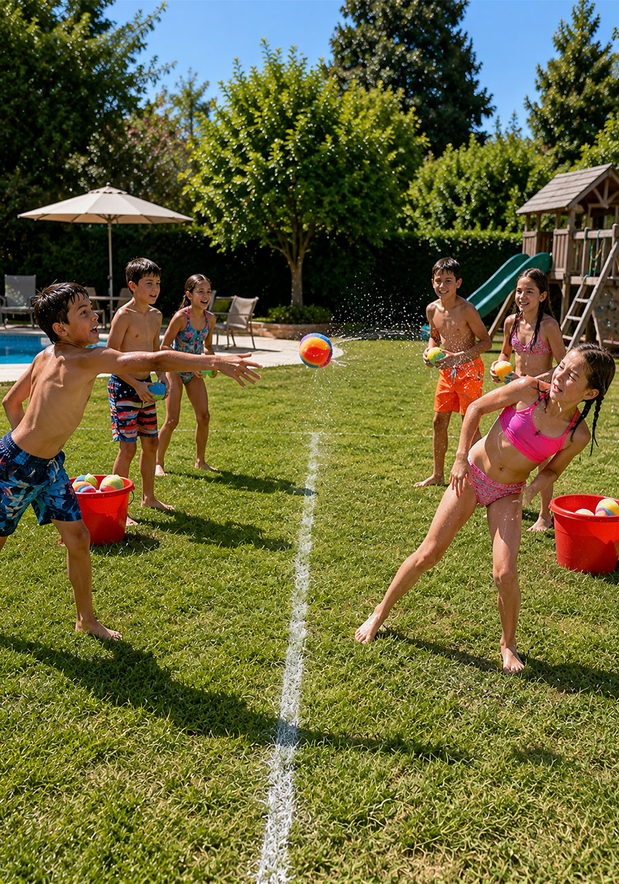 Kids playing sponge dodgeball with homemade water sponge balls at a summer backyard pool party
