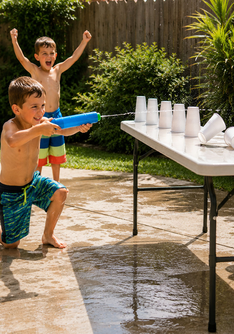 Young boy aiming water squirter at cups during water squirter race activity at backyard kids pool party